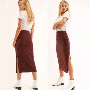 Free People Brown Velvet Ribbed Midi Skirt with Side Slit Size XS
